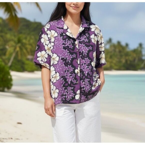 Hilo Hattie Tops - Vintage Hilo Hattie Hawaiian Purple Cropped Hibiscus Aloha Shirt Womens XL